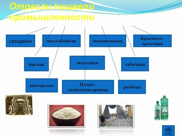 Отрасли пищевой промышленности сахарная маслобойная мукомольная Крахмало-паточная мясная табачная молочная рыбная Плодо - овощеконсервная виноделие