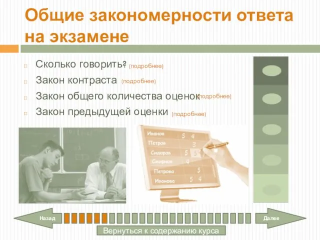 Общие закономерности ответа на экзамене Сколько говорить? Закон контраста Закон