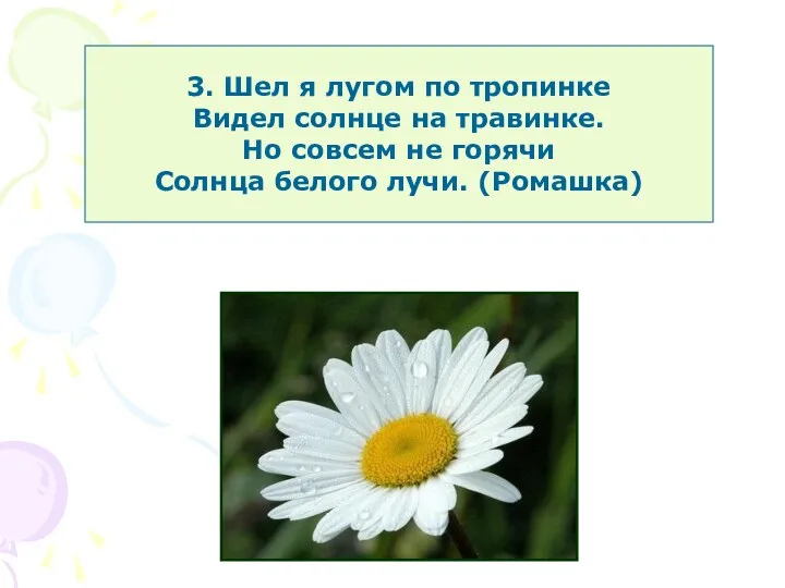 3. Шел я лугом по тропинке Видел солнце на травинке.