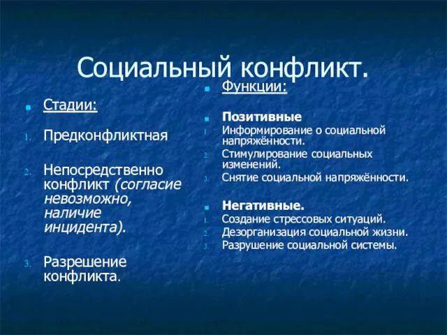 Социальный конфликт. Стадии: Предконфликтная Непосредственно конфликт (согласие невозможно, наличие инцидента).