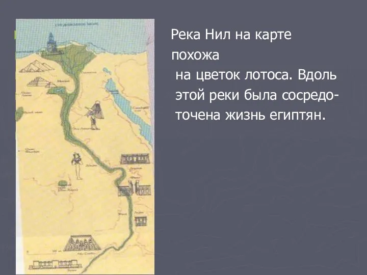 Река Нил на карте похожа на цветок лотоса. Вдоль этой реки была сосредо- точена жизнь египтян.