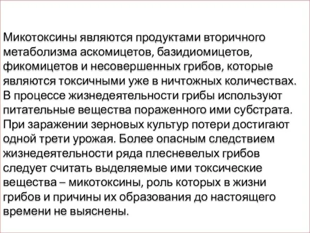 Микотоксины являются продуктами вторичного метаболизма аскомицетов, базидиомицетов, фикомицетов и несовершенных