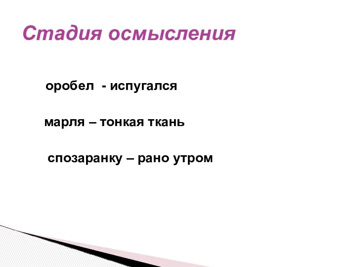 оробел - испугался марля – тонкая ткань спозаранку – рано утром Стадия осмысления