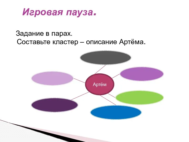 Задание в парах. Составьте кластер – описание Артёма. Игровая пауза. Артём