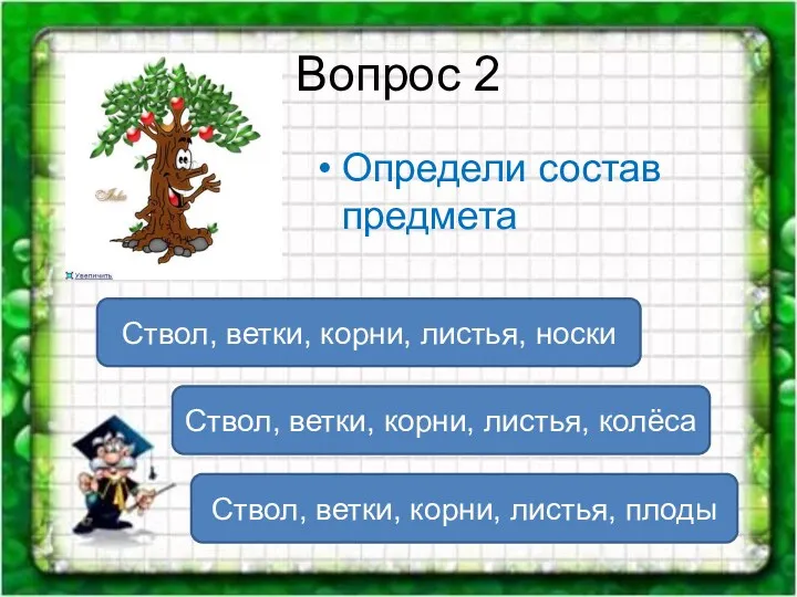 Вопрос 2 Определи состав предмета Ствол, ветки, корни, листья, плоды