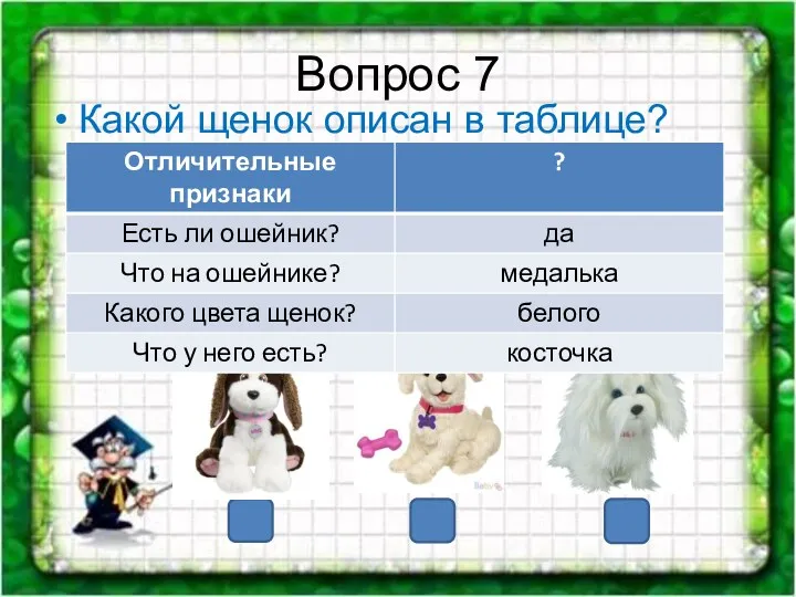 Вопрос 7 Какой щенок описан в таблице?