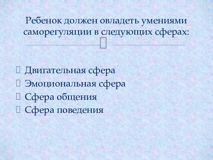 Двигательная сфера Эмоциональная сфера Сфера общения Сфера поведения Ребенок должен овладеть умениями саморегуляции в следующих сферах: