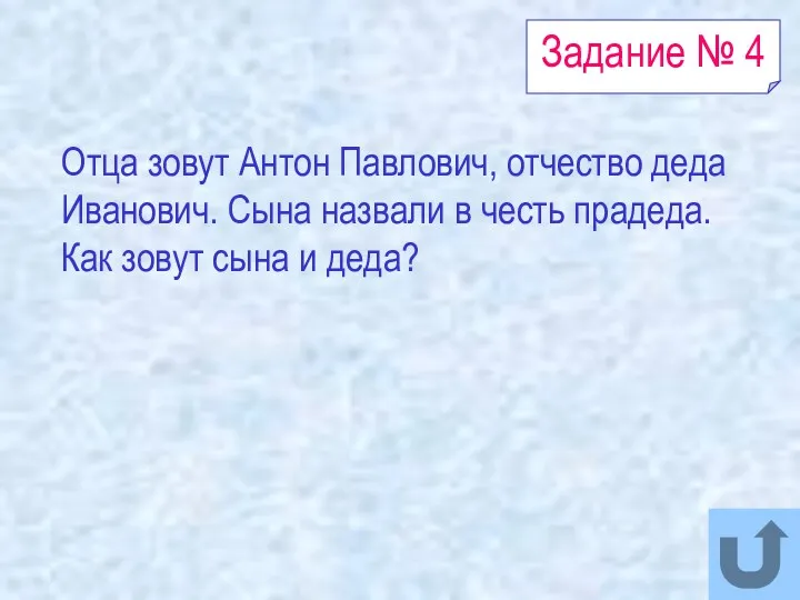 Задание № 4 Отца зовут Антон Павлович, отчество деда Иванович.