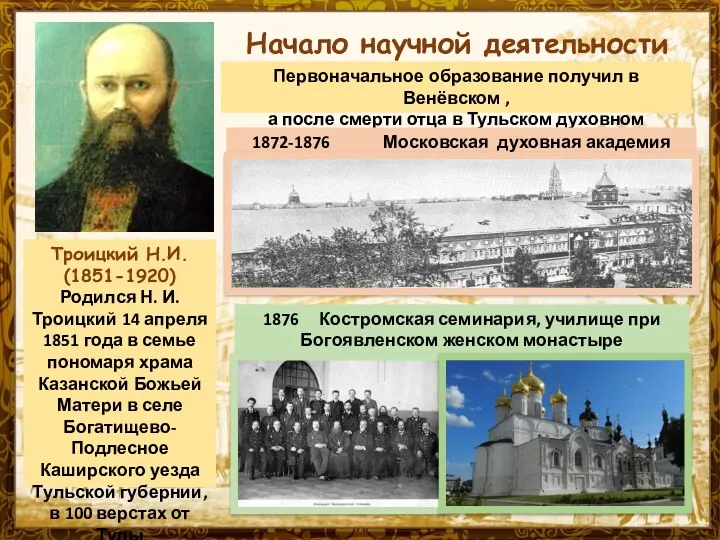 Троицкий Н.И. (1851-1920) Родился Н. И. Троицкий 14 апреля 1851