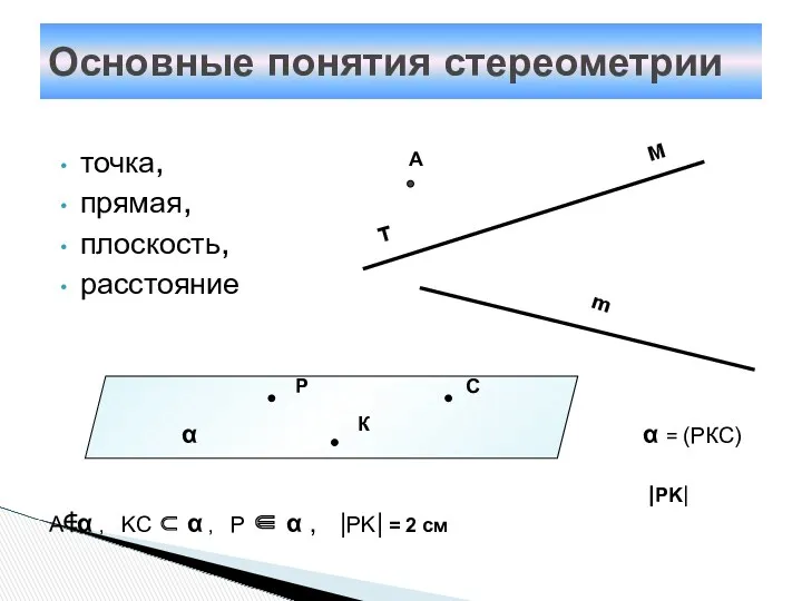 точка, прямая, плоскость, расстояние Основные понятия стереометрии α = (РКС)