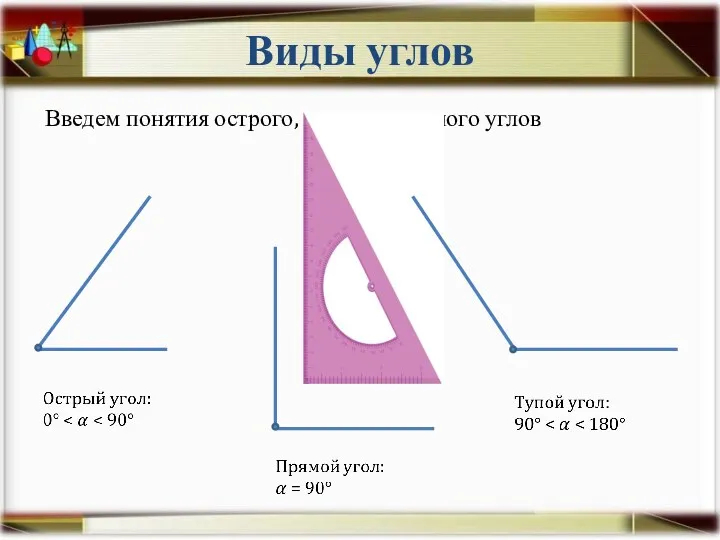 Виды углов Введем понятия острого, прямого и тупого углов