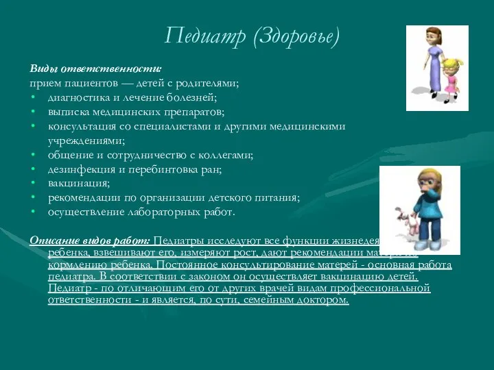 Педиатр (Здоровье) Виды ответственности: прием пациентов — детей с родителями;