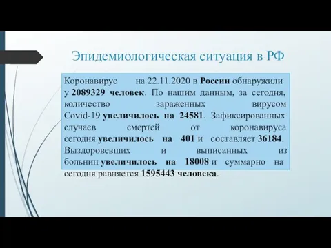 Коронавирус на 22.11.2020 в России обнаружили у 2089329 человек. По