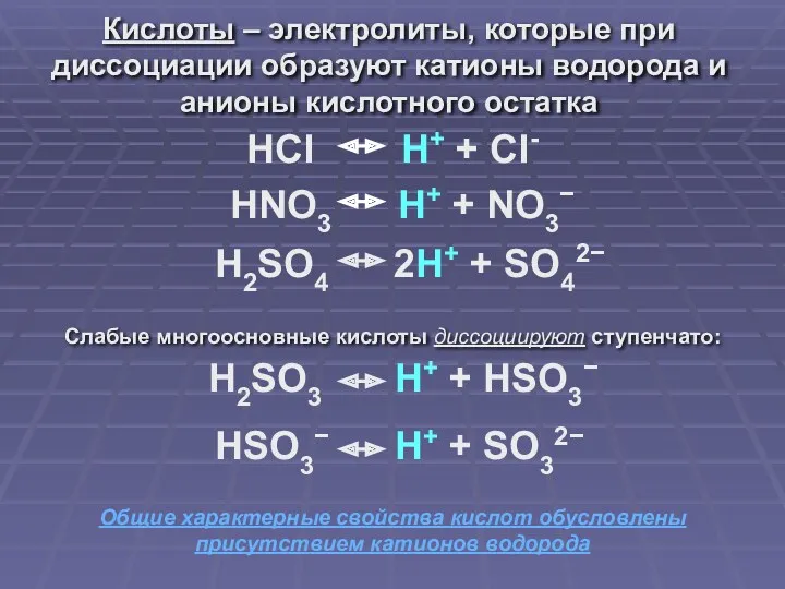 HSO3− H+ + SO32− Кислоты – электролиты, которые при диссоциации образуют катионы водорода