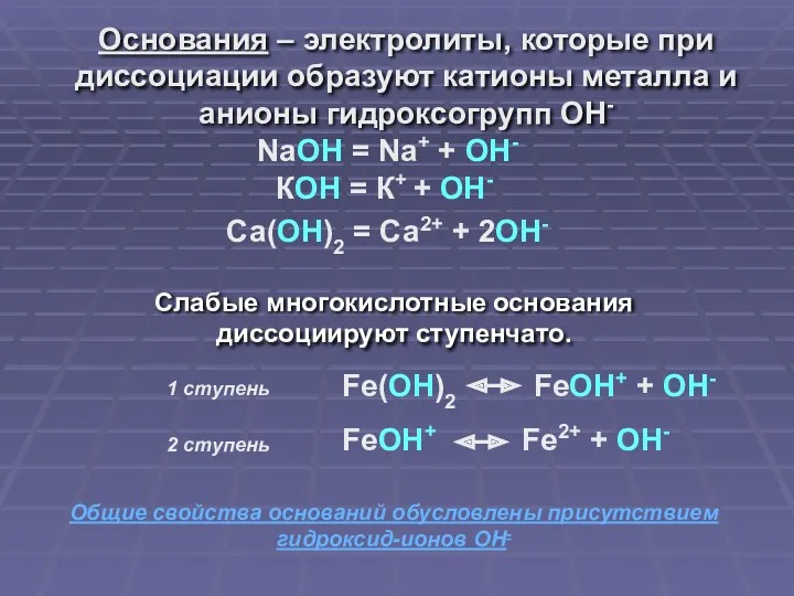 Основания – электролиты, которые при диссоциации образуют катионы металла и анионы гидроксогрупп ОН-