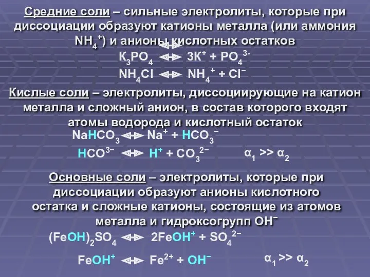 Средние соли – сильные электролиты, которые при диссоциации образуют катионы металла (или аммония