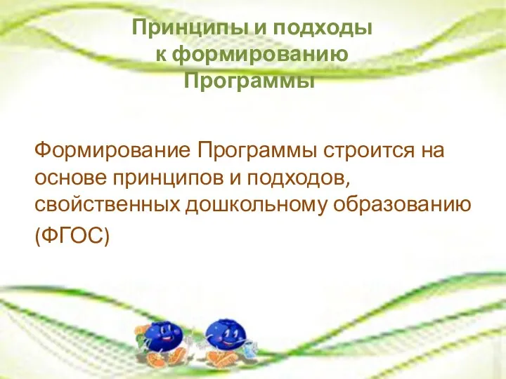 Формирование Программы строится на основе принципов и подходов, свойственных дошкольному