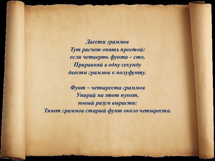 Двести граммов Тут расчет опять простой: если четверть фунта – сто, Приравняй в