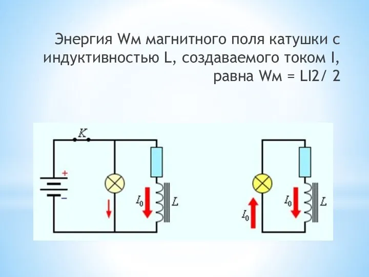 Энергия Wм магнитного поля катушки с индуктивностью L, создаваемого током I, равна Wм = LI2/ 2