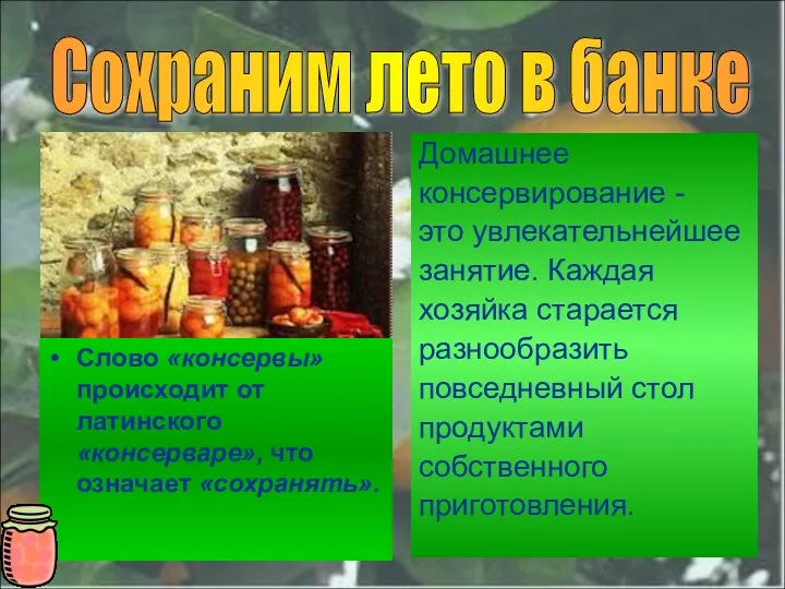 Слово «консервы» происходит от латинского «консерваре», что означает «сохранять». Домашнее