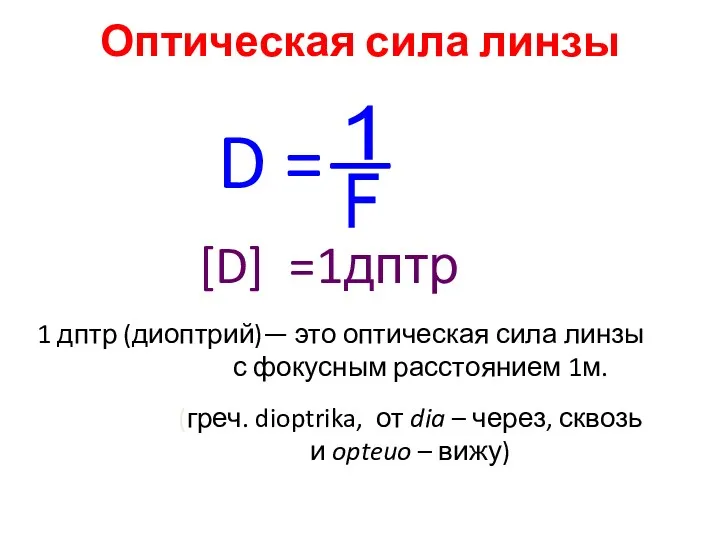 Оптическая сила линзы D =— [D] =1дптр 1 дптр (диоптрий)—