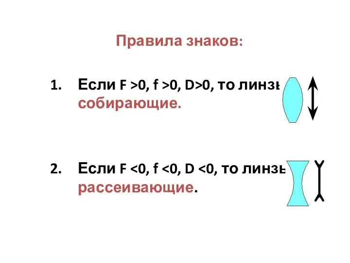 Правила знаков: Если F >0, f >0, D>0, то линзы собирающие. Если F