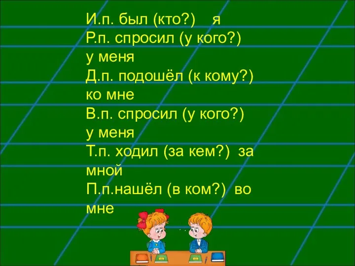 И.п. был (кто?) я Р.п. спросил (у кого?) у меня