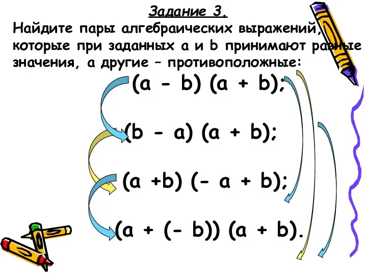 Задание 3. Найдите пары алгебраических выражений, которые при заданных a