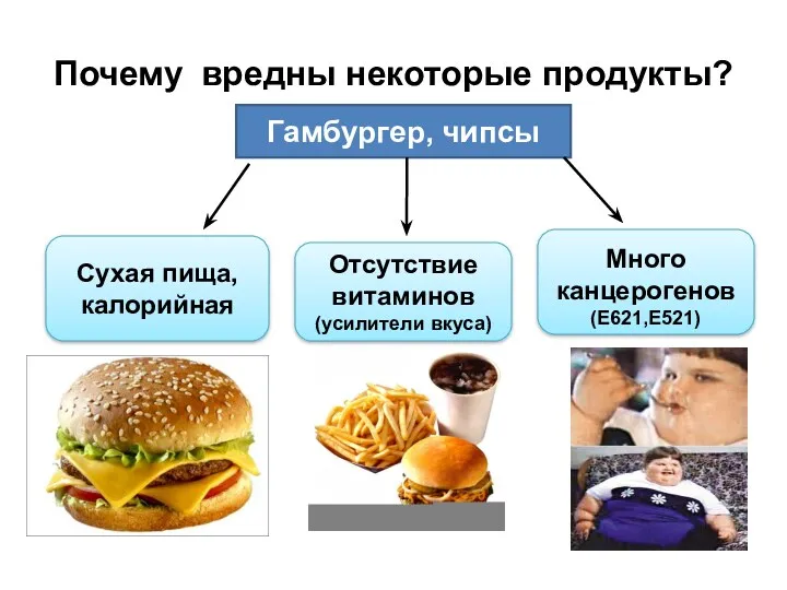 Почему вредны некоторые продукты? Гамбургер, чипсы Сухая пища, калорийная Отсутствие витаминов (усилители вкуса) Много канцерогенов (Е621,Е521)