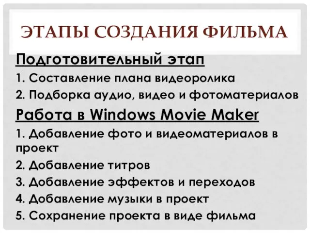 ЭТАПЫ СОЗДАНИЯ ФИЛЬМА Подготовительный этап 1. Составление плана видеоролика 2.