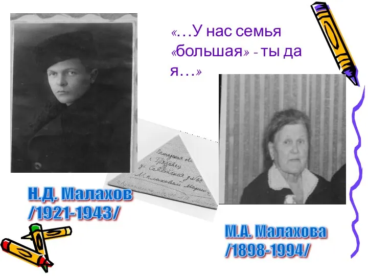 М.А. Малахова /1898-1994/ Н.Д. Малахов /1921-1943/ «…У нас семья «большая» - ты да я…»