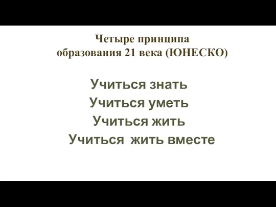 Четыре принципа образования 21 века (ЮНЕСКО) Учиться знать Учиться уметь Учиться жить Учиться жить вместе