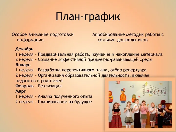 План-график Особое внимание подготовки информации Апробирование методик работы с семьями