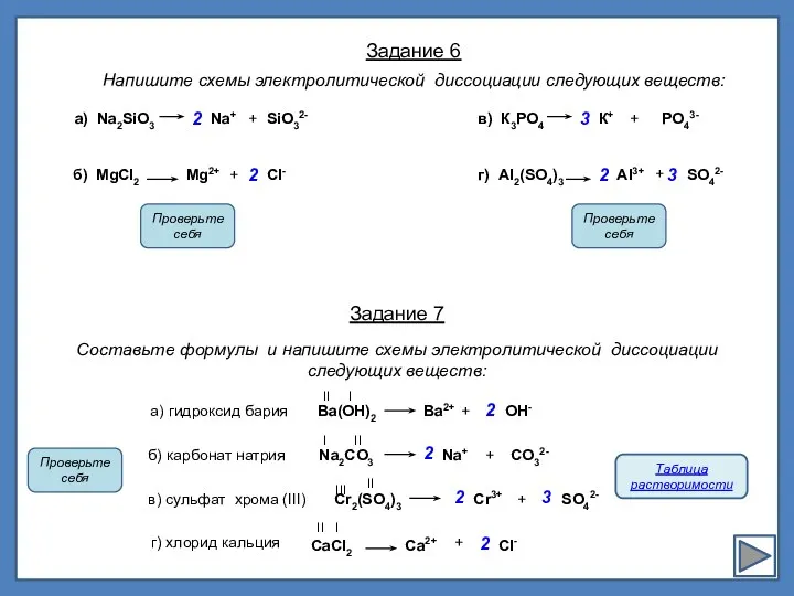 Задание 6 Напишите схемы электролитической диссоциации следующих веществ: Задание 7 Составьте формулы и
