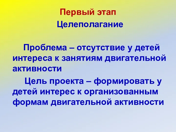 Первый этап Целеполагание Проблема – отсутствие у детей интереса к