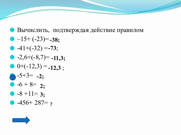 Вычислить, подтверждая действие правилом –15+ (-23)= -41+(-32) = -2,6+(-8,7)= 0+(-12,3)