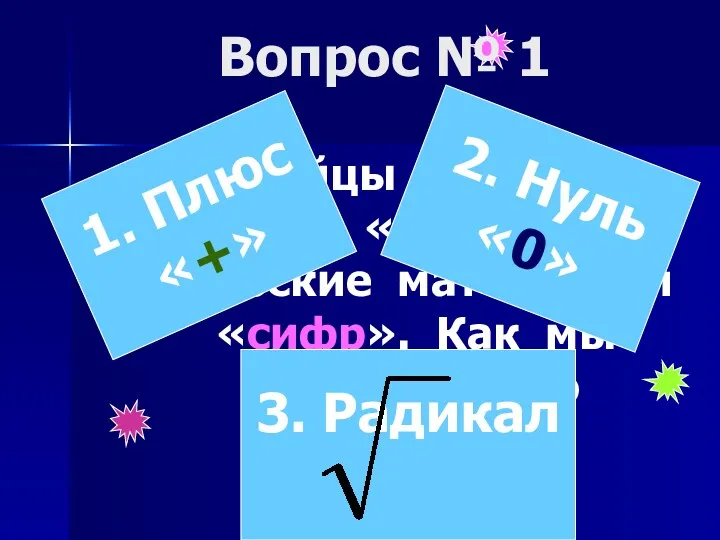 Вопрос № 1 Индейцы называли его «сунья», арабские математики «сифр».