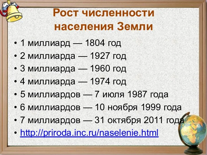 Рост численности населения Земли 1 миллиард — 1804 год 2