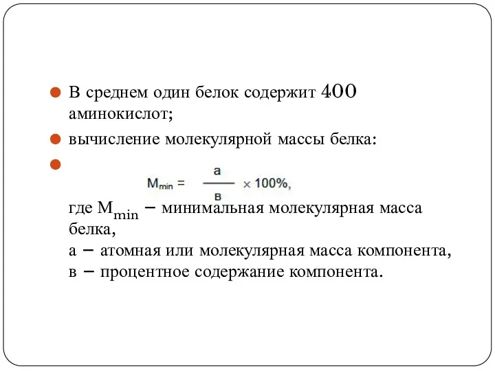 В среднем один белок содержит 400 аминокислот; вычисление молекулярной массы