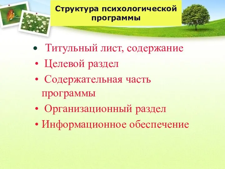 Структура психологической программы Титульный лист, содержание Целевой раздел Содержательная часть программы Организационный раздел Информационное обеспечение