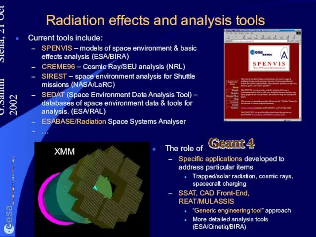 G.Santin Siena, 21 Oct 2002 Radiation effects and analysis tools