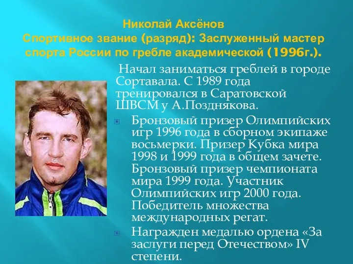 Николай Аксёнов Спортивное звание (разряд): Заслуженный мастер спорта России по