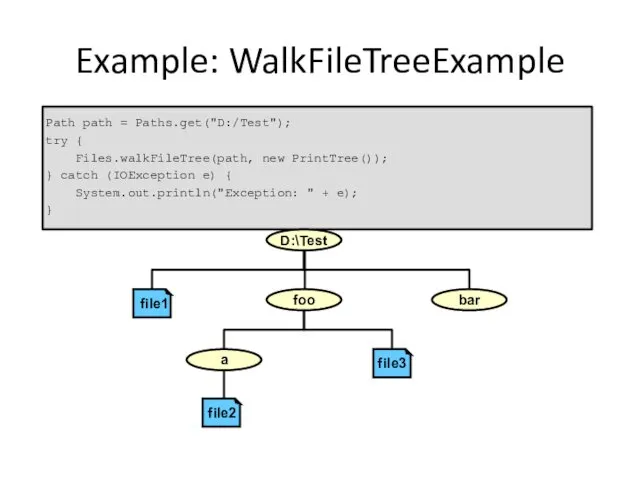 Example: WalkFileTreeExample Path path = Paths.get("D:/Test"); try { Files.walkFileTree(path, new