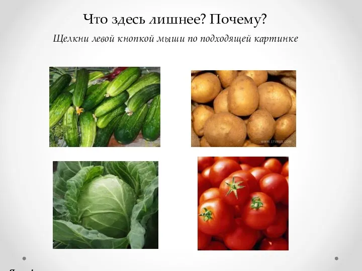 Что здесь лишнее? Почему? Щелкни левой кнопкой мыши по подходящей картинке Дальше  Я сам!