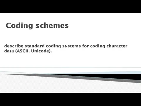 Coding schemes describe standard coding systems for coding character data (ASCII, Unicode).