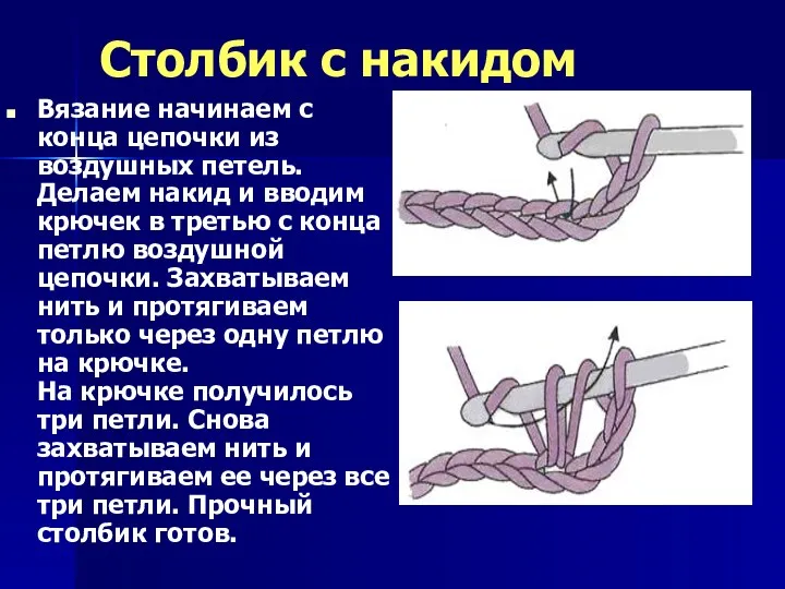 Столбик c накидом Вязание начинаем с конца цепочки из воздушных петель. Делаем накид