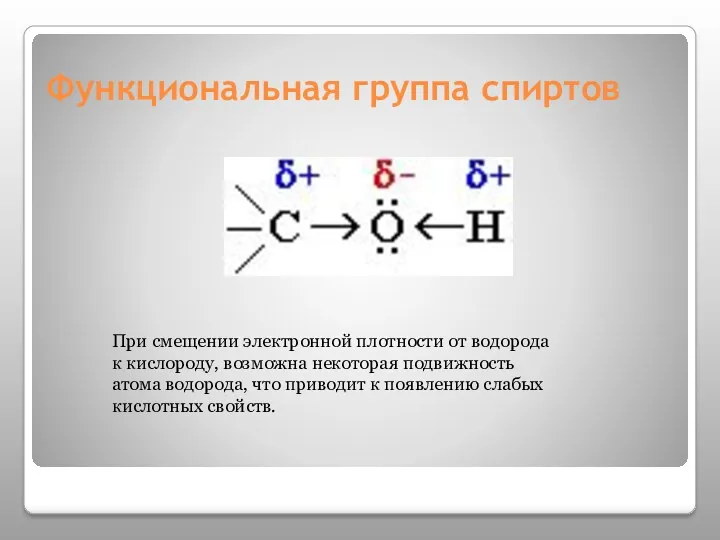 Функциональная группа спиртов При смещении электронной плотности от водорода к