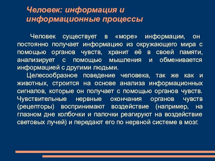 Человек: информация и информационные процессы Человек существует в «море» информации, он постоянно получает