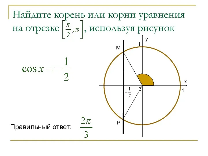 Найдите корень или корни уравнения на отрезке , используя рисунок Р М Правильный ответ: