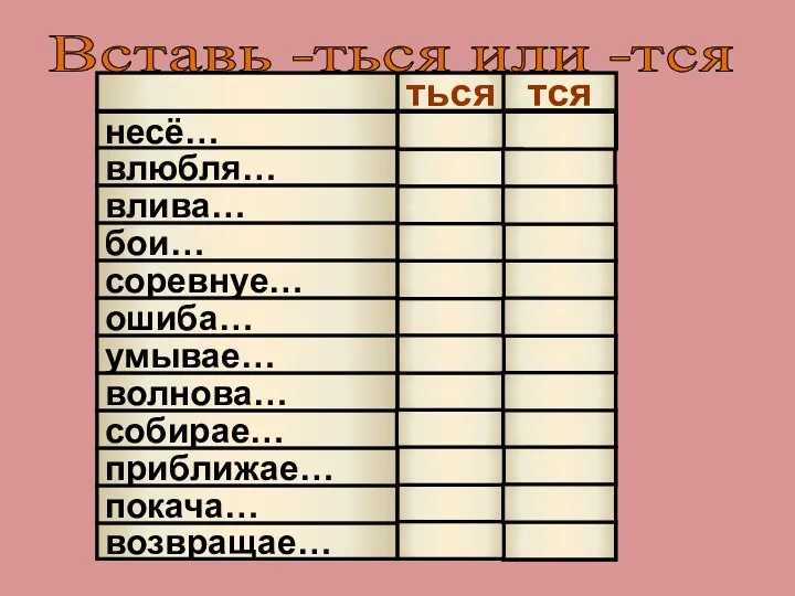 ться тся несё… влюбля… влива… бои… соревнуе… ошиба… умывае… волнова… собирае… приближае… покача…